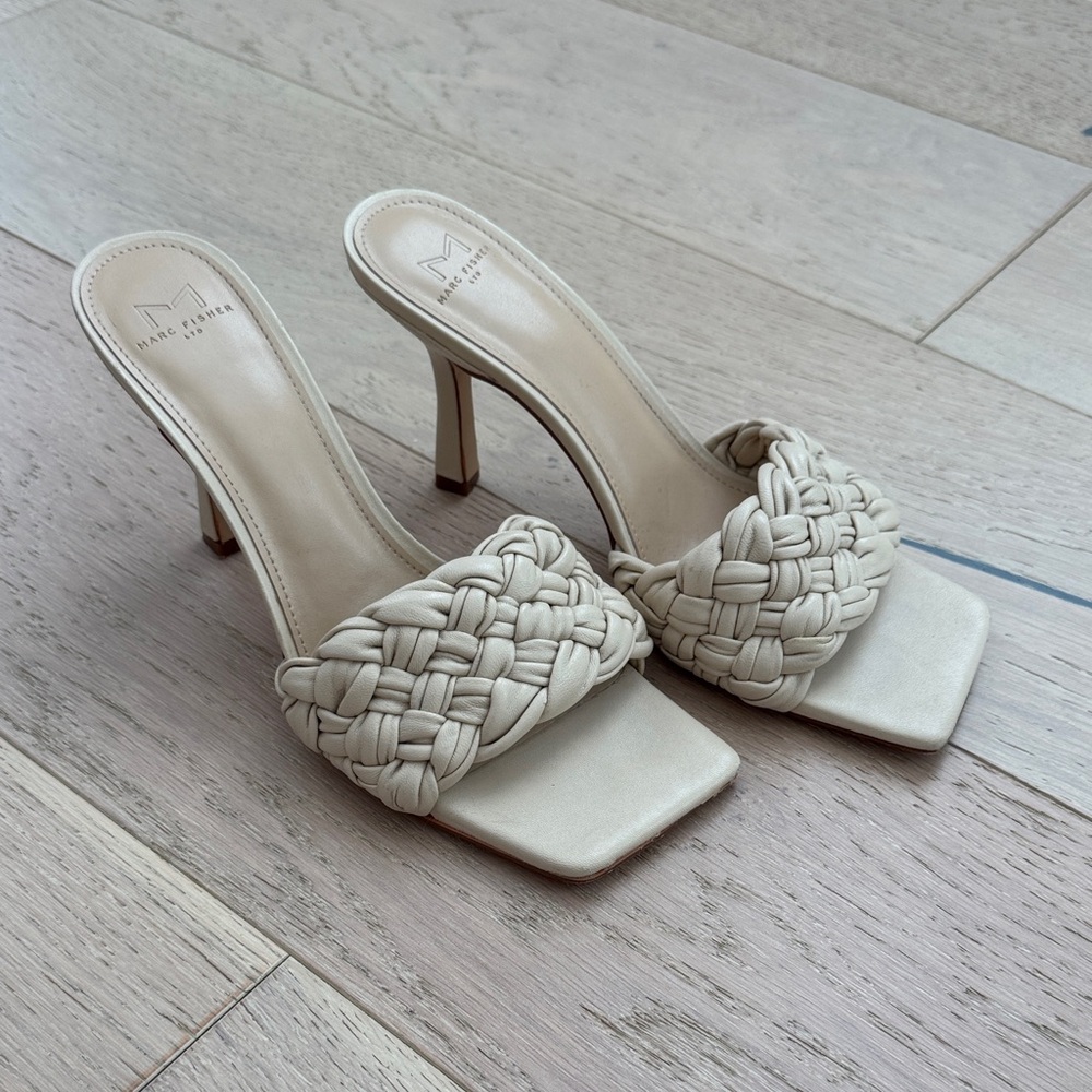 Marc Fisher Cream Woven Heeled Mules